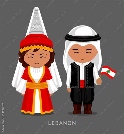 Lebanese in national dress with a flag. Man and woman in traditional ...