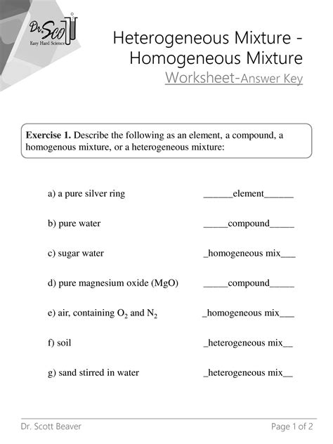 Heterogeneous Mixture Homogeneous Mixture Worksheet Answer Key - Dr ...