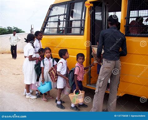 Indian Children Getting On School Bus Editorial Stock Photo - Image of ...