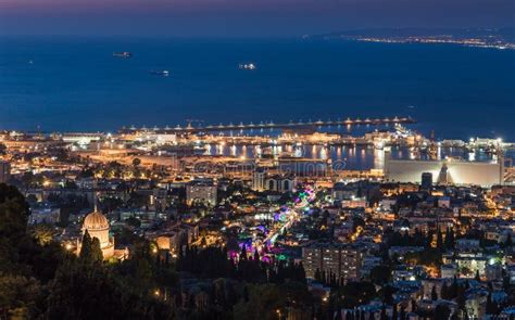 Panoramic View of Downtown Haifa, Haifa Harbor and Bay at Night. View from Mount Carmel ...