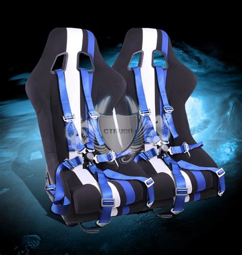 Sell 2x Universal Black/White Blue Stripe Fabric Racing Seats+6-PT Camlock Harness in Hacienda ...