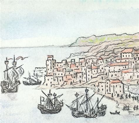 Maritime Original Art - Watercolor - Medieval Port Town, c. 1950 ...