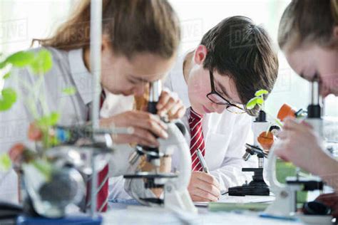 High school students conducting scientific experiment at microscopes in biology class - Stock ...