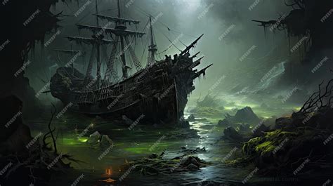 Premium AI Image | Haunted shipwreck emerging from the depths of a murky lake