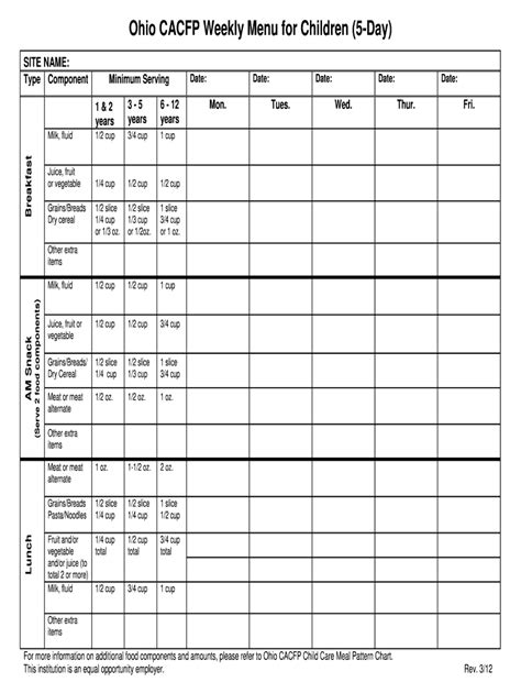 Ohio Cacfp Weekly Menu 2020-2022 - Fill and Sign Printable Template Online | US Legal Forms