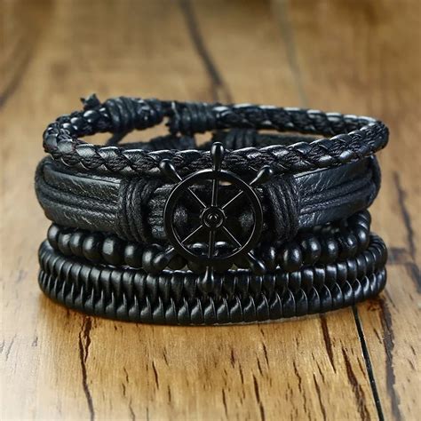 Mens Black Leather Bracelet Multi layer Stackable Adjustable Wristband Casual Men Accessories-in ...