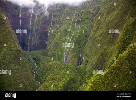 Aerial of waterfalls on Mt. Waialeale, Kauai, Hawaii. This spot is ...