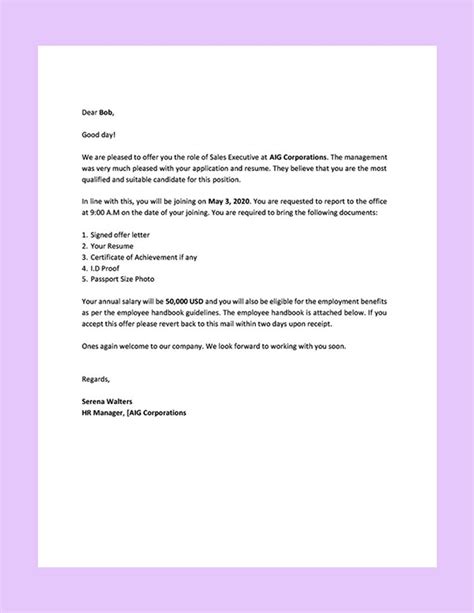 Editable Sales Job Offer Letter Template - Google Docs, Word | Template.net