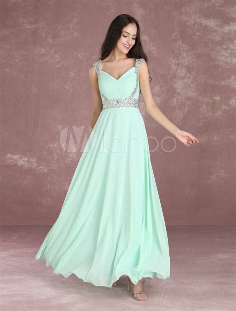 Chiffon Prom Dress Long 2021 Pastel Green Rhinestones Beaded Occasion Dress Sleeveless Pleated ...