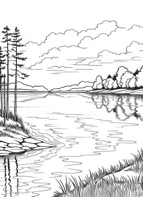 Premium AI Image | a drawing of a lake with trees and grass in the foreground generative ai