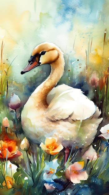 Premium AI Image | Charming Baby Swan in a Colorful Flower Field ...