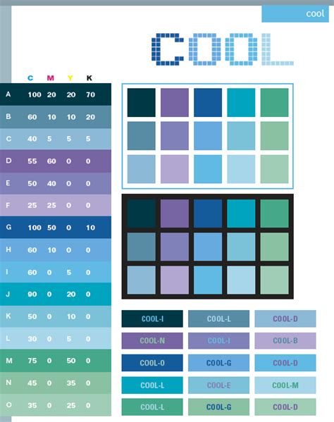 Cool color schemes, color combinations, color palettes for print (CMYK) and Web (RGB + HTML)