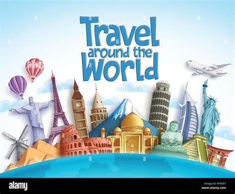 Travel around the world vector design with famous landmarks and tourist ...