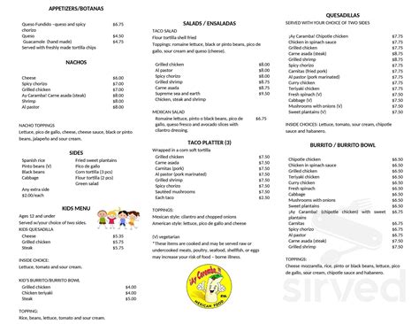 Ay Caramba Mexican Food menu in Richmond, Virginia, USA