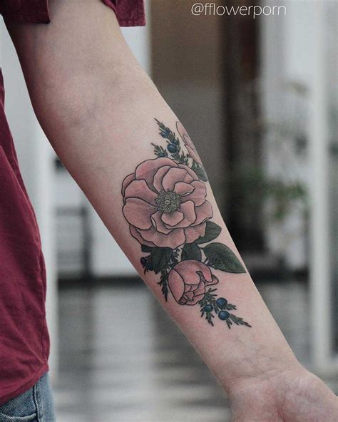 Wild roses and juniper tattoo - Tattoogrid.net