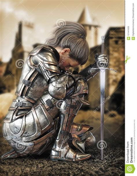 Female Warrior Knight Kneeling Wearing Decorative Metal Armor With A Castle In The Background ...