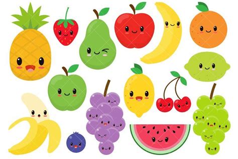 Kawaii Fruit / Cute Fruit Clipart / Happy Fruit Clip Art (444425) | Illustrations | Design ...