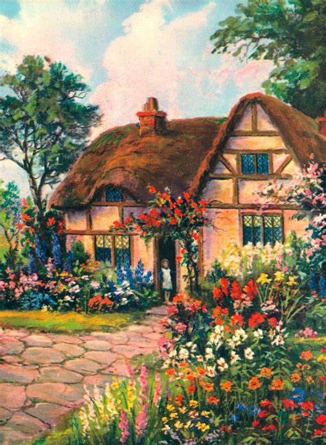 LOVELY THATCHED ROOF COTTAGE AND ENGLISH GARDEN VINTAGE ART PRINT 1920s-1930s | Cottage ...