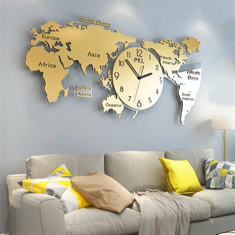 Luxury World Map Wall Clock Modern Design Living Room 3D Decoration ...