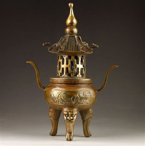 Chinese Bronze carving Buddha tower stupa pagoda incense burner censer-in Incense & Incense ...