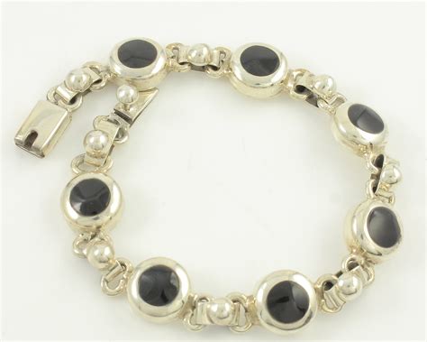 Silver Onyx Bracelet, Mexican Silver Black Onyx Link Bracelet, 925 ...