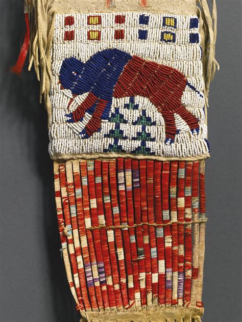 Sioux Beaded Fringed and Painted Pictorial Hide Tobacco Bag (close-up). ----- Sotheby's | Native ...