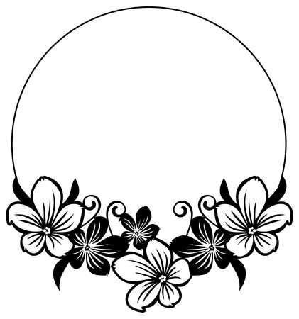 Illustration of Black and white round frame with abstract flowers silhouettes. Vector clip art ...