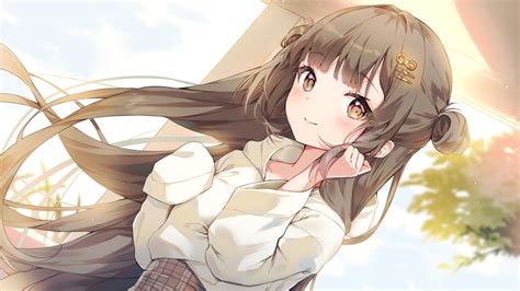 Photo wallpaper anime girl, brown hair, blushes, smiling, shirt, sunlight, sky, anime - free ...