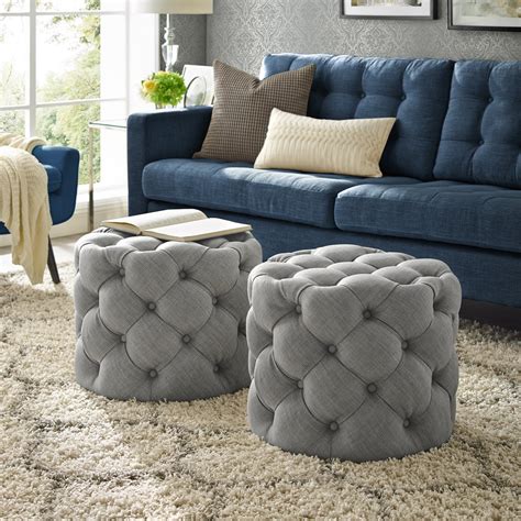 Inspired Home Perilous Linen Ottoman Allover Tufted Round Modern Contemporary 1 PC, Light Grey ...