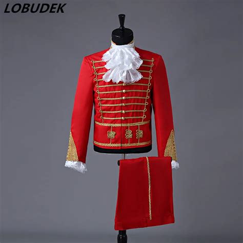 Men Drummer Costume Red Black Court Suits European style Singer Chorus Performance Outfit ...