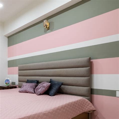 Olive Green, Pink, And White Striped Wall Paint Design | Livspace