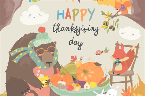 Cute animals celebrating Thanksgiving day. Vector - Design Template Place