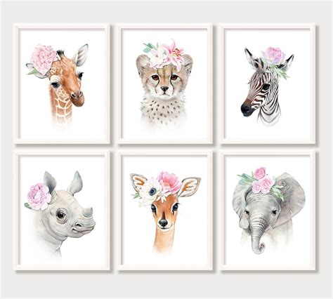 Girl Nursery Wall Art Safari Baby Animals with Flower Crown | Etsy