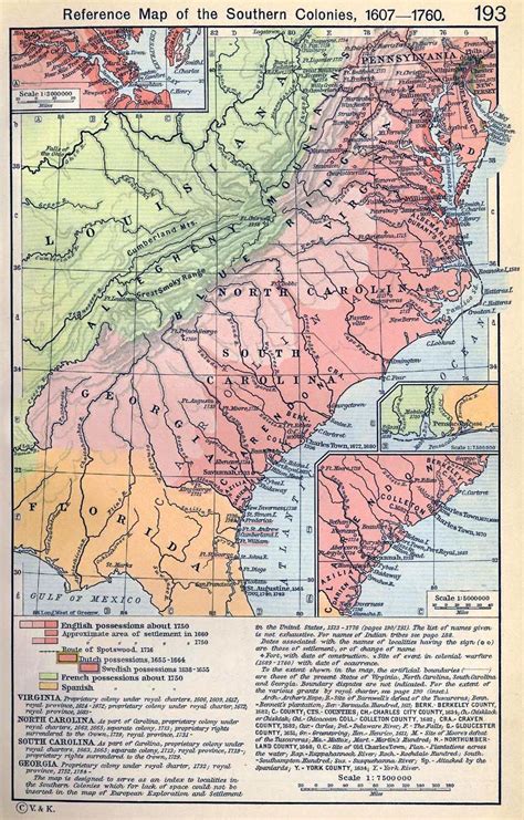 Reference Map of the Southern Colonies, 1607-1760. Insets: Settlements on the James River. The ...