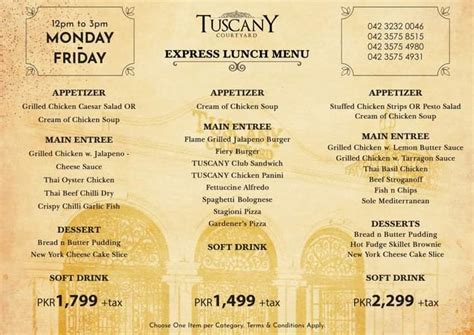 Tuscany Courtyard Lahore - Menu, Address and Contact Number