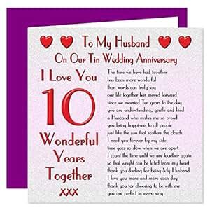 My Husband 10th Wedding Anniversary Card - On Our Tin Anniversary - 10 Years - Sentimental Verse ...