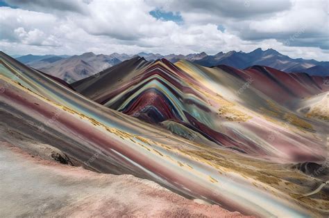 Premium Photo | A mountain landscape with a rainbow colored mountain in the background.