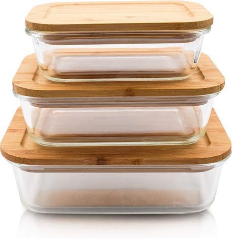 Glass Food Storage Containers with Bamboo Lids | Plastic-free Container Set of 3 | Multiple Use ...