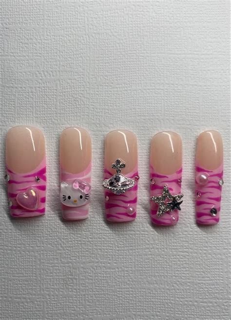 Y2k nails with charms, 2000s nails, hello kitty press on nails, mcbling ...