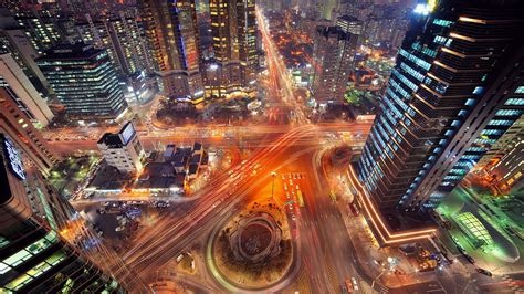 landscape, Road, Highway, City, Night, Long Exposure, Intersections, Light Trails, Seoul ...