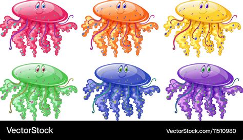 Jellyfish in six different colors Royalty Free Vector Image