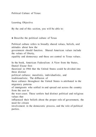 Chapter 1 – Political Culture and the People of Texas B | PDF