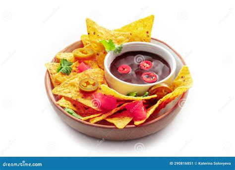 Spicy Nachos. Mexican Nacho Chips with Bbq Sauce, Chili Peppers and Jalapenos Stock Image ...