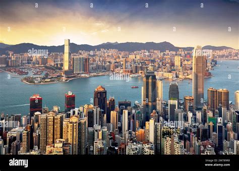 Hong Kong skyline panorama at dramatic sunset, China - Asia Stock Photo - Alamy