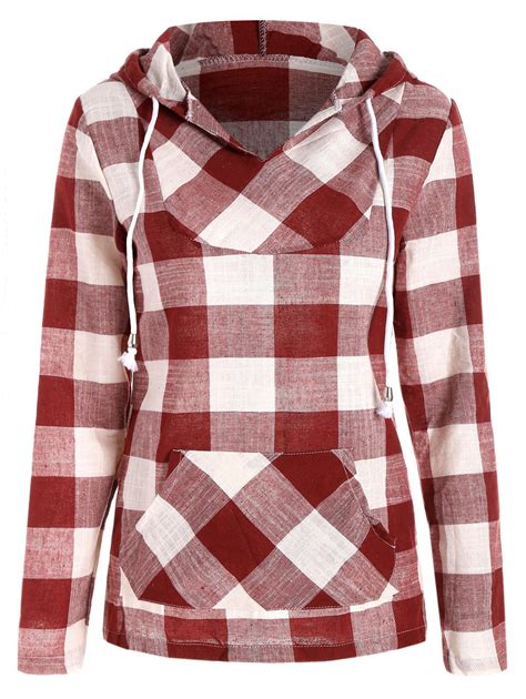 [64% OFF] Plaid Kangaroo Pocket Hoodie | Rosegal