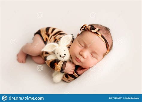 Top View of a Newborn Baby Girl Sleeping in a Tiger Jumpsuit Stock Image - Image of girl, happy ...