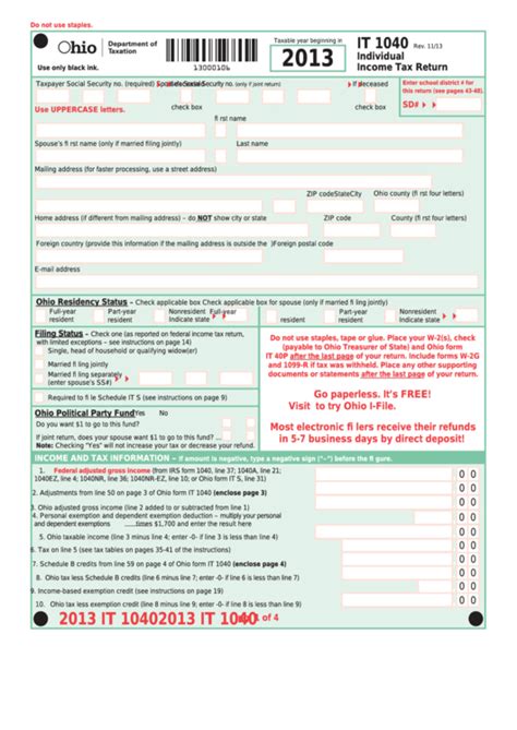 Fillable Form It 1040 - Individual Income Tax Return - 2013 printable ...