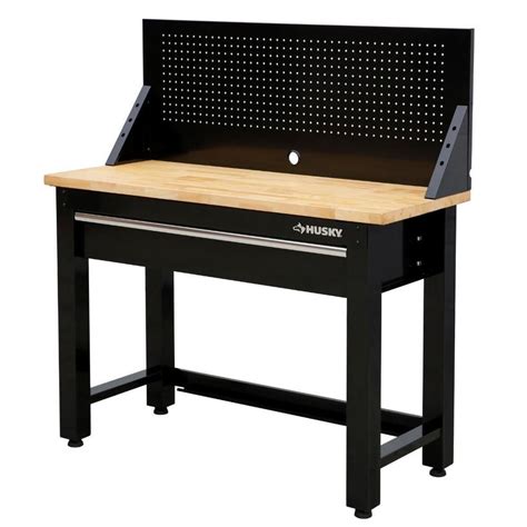 Husky 4 ft. Solid Wood Top Workbench in Black with Pegboard and 1 ...