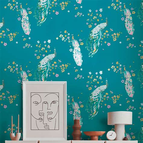 floral wallpaper with birds - wallpaper peacock turquoise yellow - floral wallpaper designer ...