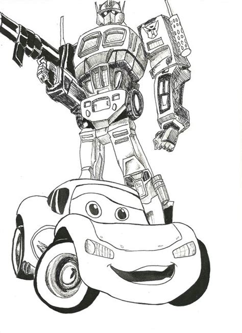 A poster I'm drawing for my son's room. Lightning McQueen and Optimus Prime, two of his ...